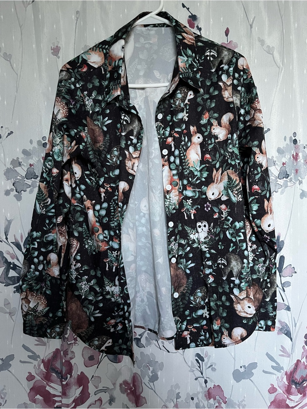 SHEIN Black Button-Down Shirt with Woodland Animal & Floral Print